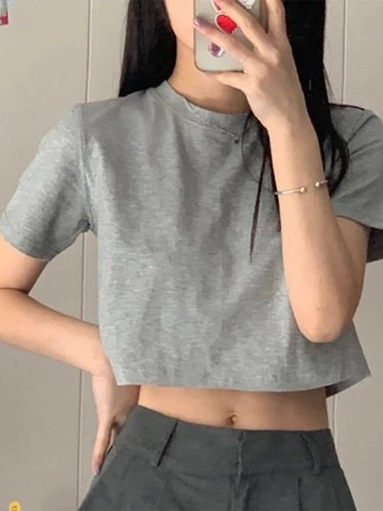 T-shirt Women Cropped Solid Sexy Minimalist Hot Sale Slim Casual Fashion Preppy Chic Basic Tops Korean Style Streetwear Popular