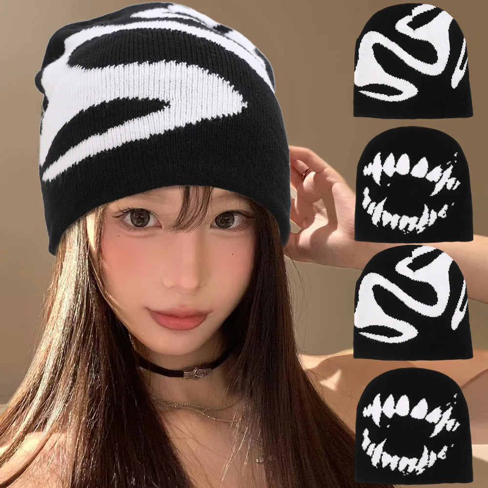 Women Hat Knitting Beanies Goth Tooth Caps Men Y2k Streetwear Winter Fashion Pullover Kpop Harajuku Vintage Warm Hip Hop Unisex