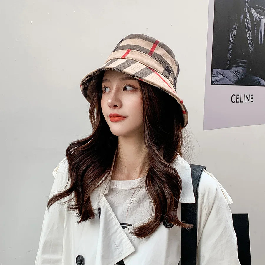 Plaid Colourful Fisherman's Hat Women Korean Suede Basin Hat Casual Foldable Warm Hat Fashionable Soft 56-58cm