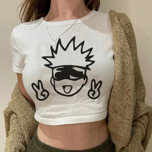 90S Hip Hop Crop Top  Tshirt Manga Japanese Anime Jujutsu Kaisen T Shirt Gojo Satoru Tops Yuji Itadori Cropped Tees T-shirt