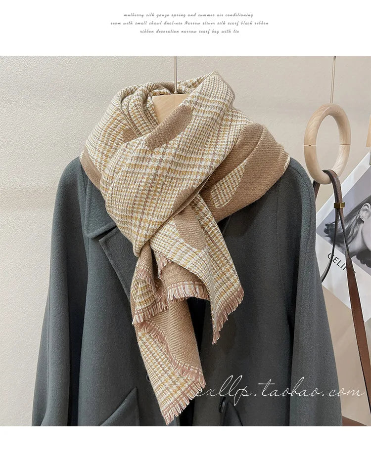 2024 New Double Side Cashmere Scarf Winter Women's Love Heart Plaid Ladies Long Thickened Warm Knitted Scarf Hijab Stole