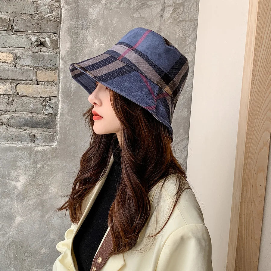 Plaid Colourful Fisherman's Hat Women Korean Suede Basin Hat Casual Foldable Warm Hat Fashionable Soft 56-58cm