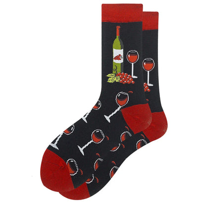 1pair Happy Funny Socks Men Casual Creative Breathable Harajuku Print Red Wine Glass Stamp Soft Funny Novelty Happy Socks