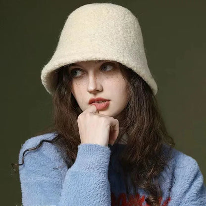 Japanese Style Simple Wool Bucket Hat for Women Solid Fisherman Hat Autumn Winter Versatile Fashion Outdoor Warm Panama Cap