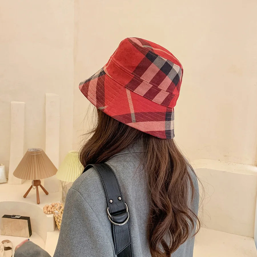 Plaid Colourful Fisherman's Hat Women Korean Suede Basin Hat Casual Foldable Warm Hat Fashionable Soft 56-58cm