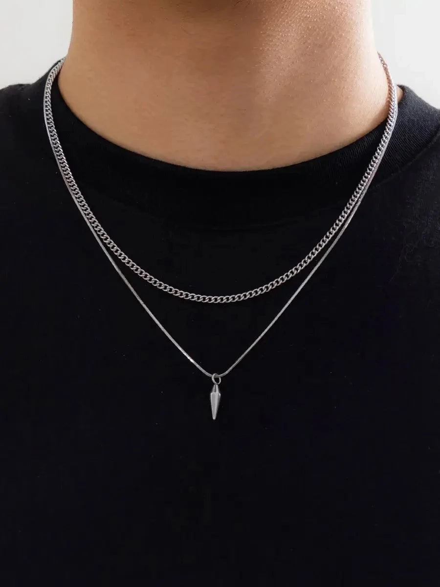 KunJoe 2pcs/set Stainless Steel Metal Rivet Pendant Thin Snake Chain Necklace for Men Punk Silver Color Cuban Link Chain Choker