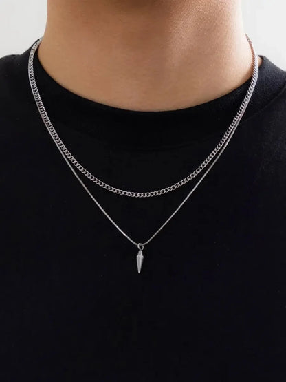 KunJoe 2pcs/set Stainless Steel Metal Rivet Pendant Thin Snake Chain Necklace for Men Punk Silver Color Cuban Link Chain Choker