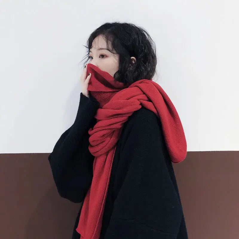 Practical Solid Color Knitted Wool Senior Sense Scarf Autumn Winter Thickened Warm Student Bib All Wear Shawl Tide