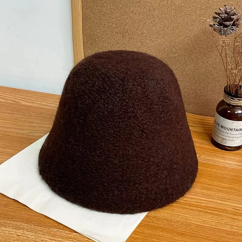 Japanese Style Simple Wool Bucket Hat for Women Solid Fisherman Hat Autumn Winter Versatile Fashion Outdoor Warm Panama Cap