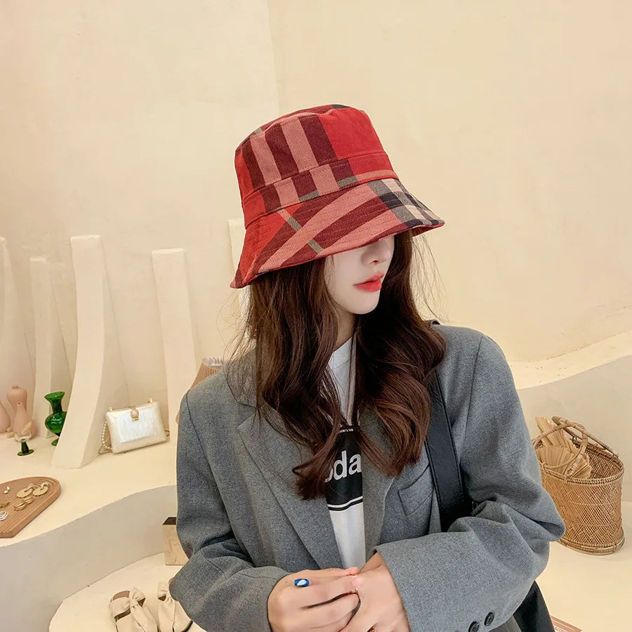 Plaid Colourful Fisherman's Hat Women Korean Suede Basin Hat Casual Foldable Warm Hat Fashionable Soft 56-58cm