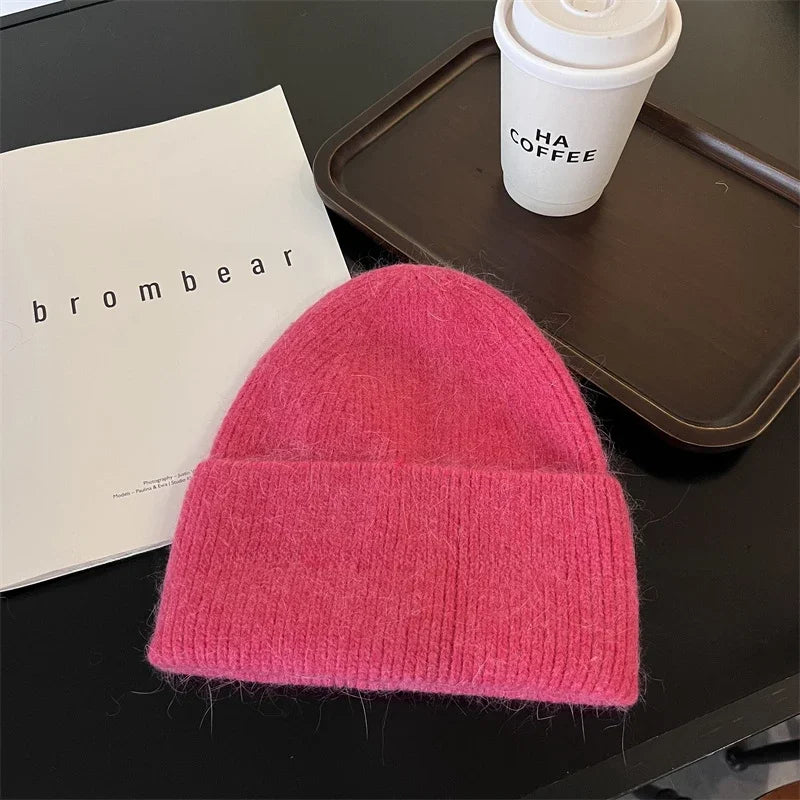 Angora Rabbit Fur Knitted Hat Women Soft Warm Fluffy Winter Hat Korea Ins Fashion Beanies Female Bonnet Warm Knit Skullies Cap