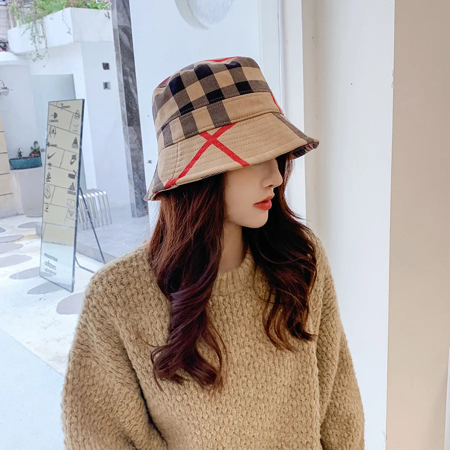 Plaid Colourful Fisherman's Hat Women Korean Suede Basin Hat Casual Foldable Warm Hat Fashionable Soft 56-58cm