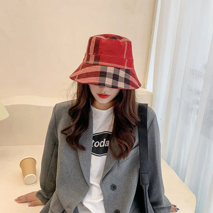 Plaid Colourful Fisherman's Hat Women Korean Suede Basin Hat Casual Foldable Warm Hat Fashionable Soft 56-58cm