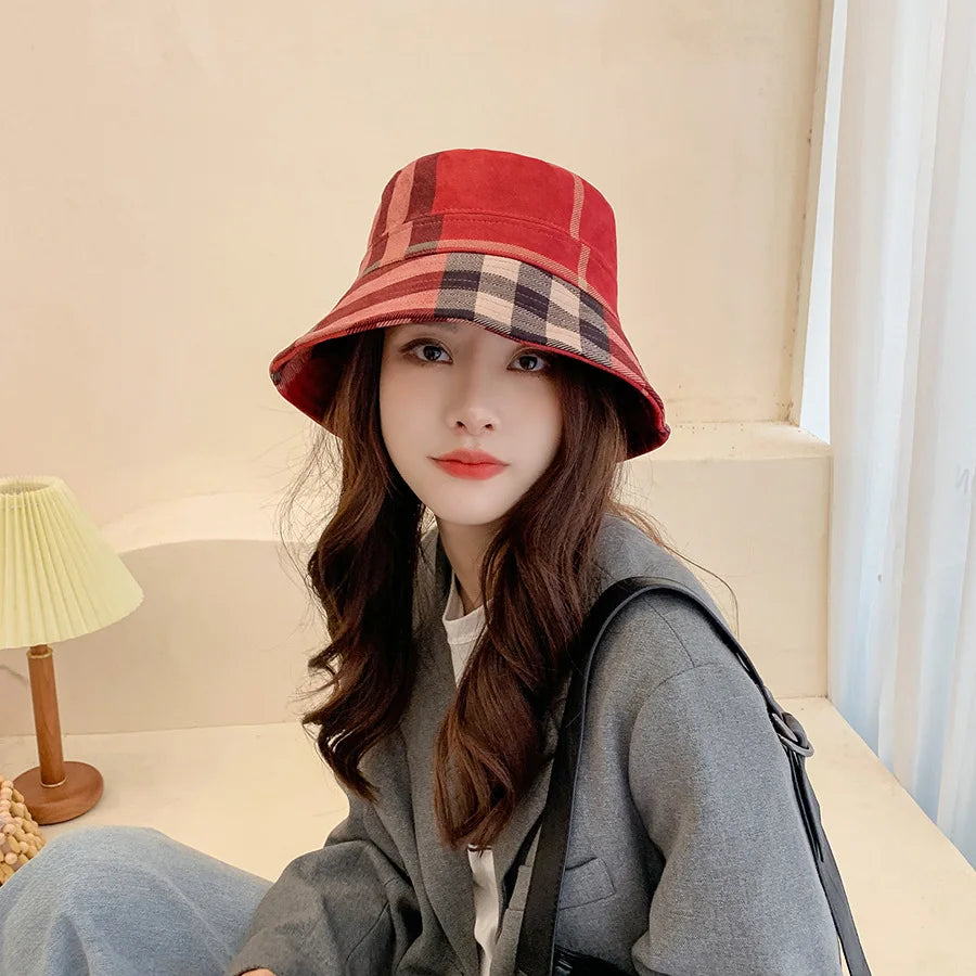 Plaid Colourful Fisherman's Hat Women Korean Suede Basin Hat Casual Foldable Warm Hat Fashionable Soft 56-58cm