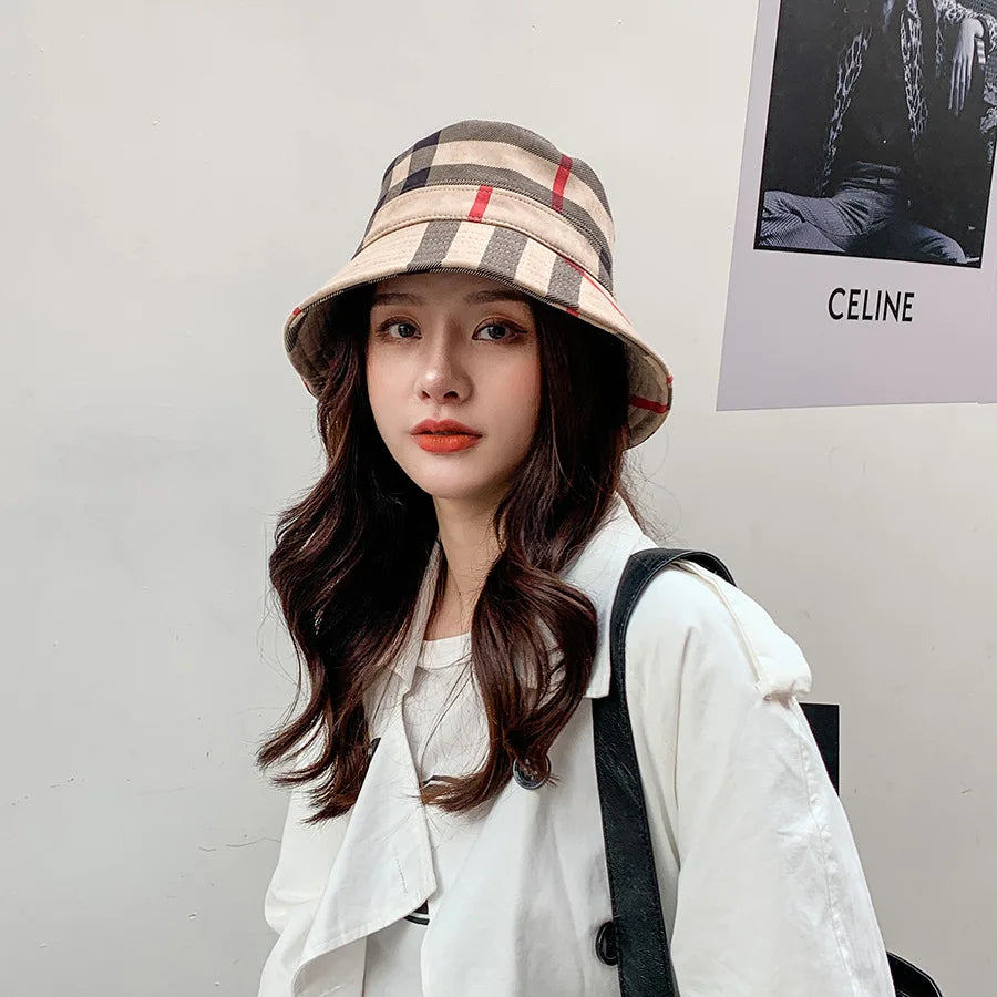 Plaid Colourful Fisherman's Hat Women Korean Suede Basin Hat Casual Foldable Warm Hat Fashionable Soft 56-58cm