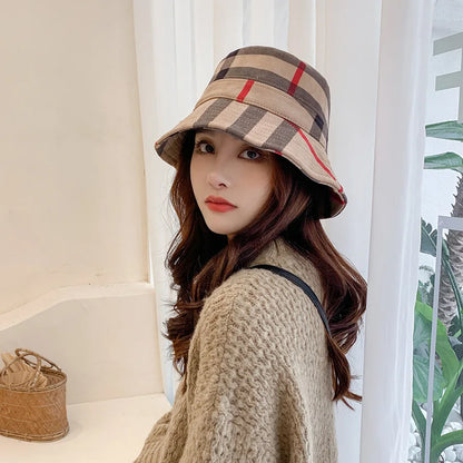 Plaid Colourful Fisherman's Hat Women Korean Suede Basin Hat Casual Foldable Warm Hat Fashionable Soft 56-58cm