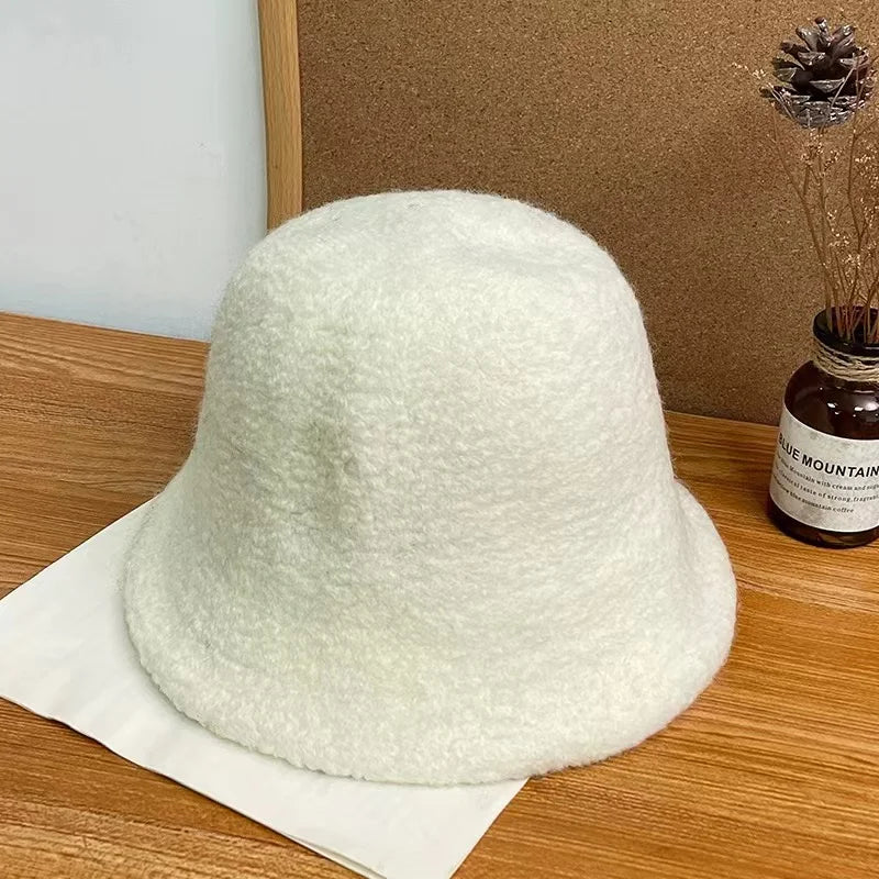 Japanese Style Simple Wool Bucket Hat for Women Solid Fisherman Hat Autumn Winter Versatile Fashion Outdoor Warm Panama Cap