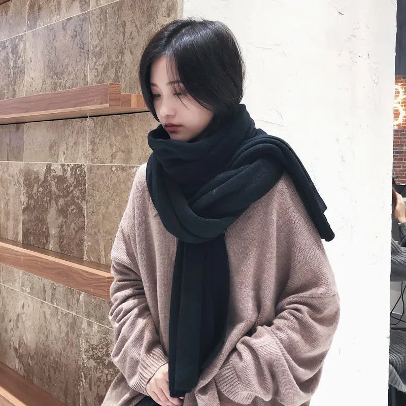 Practical Solid Color Knitted Wool Senior Sense Scarf Autumn Winter Thickened Warm Student Bib All Wear Shawl Tide