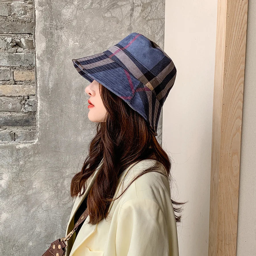 Plaid Colourful Fisherman's Hat Women Korean Suede Basin Hat Casual Foldable Warm Hat Fashionable Soft 56-58cm