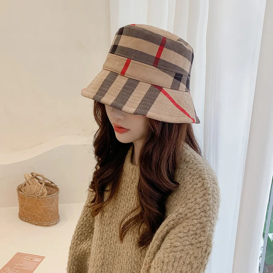 Plaid Colourful Fisherman's Hat Women Korean Suede Basin Hat Casual Foldable Warm Hat Fashionable Soft 56-58cm