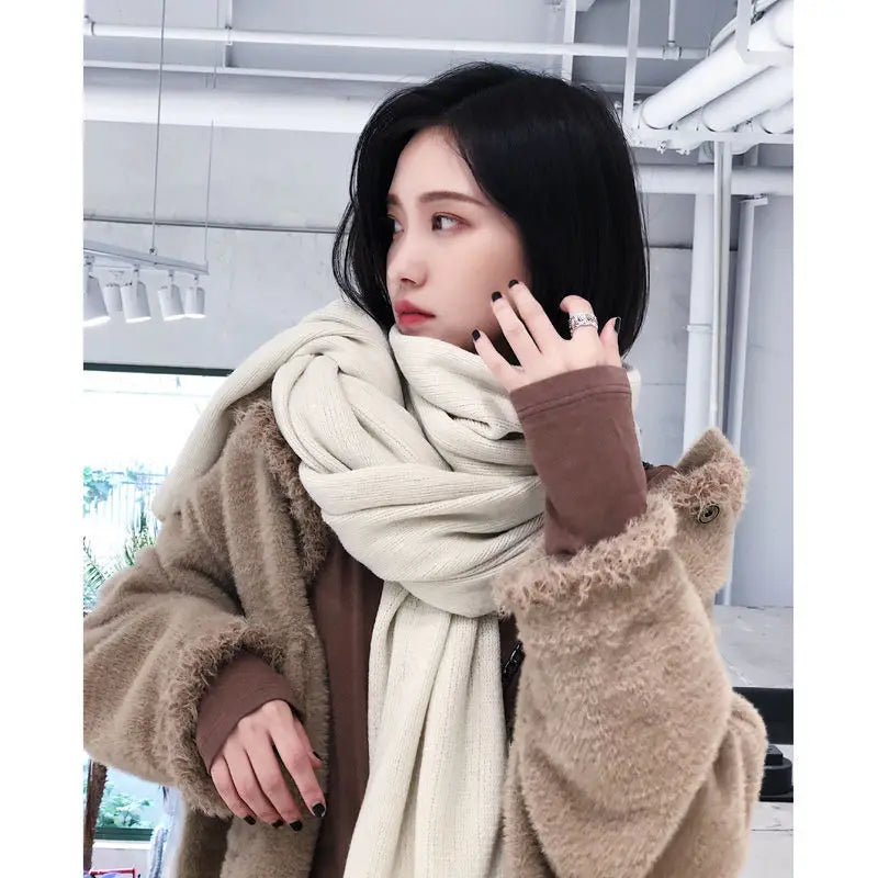 Practical Solid Color Knitted Wool Senior Sense Scarf Autumn Winter Thickened Warm Student Bib All Wear Shawl Tide