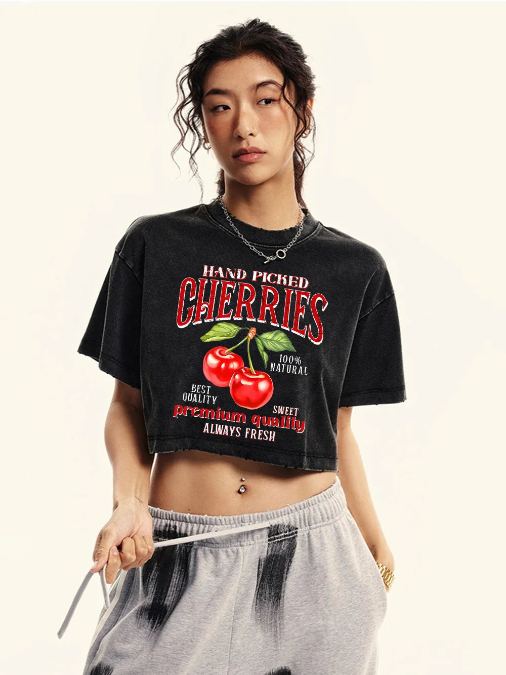 Women Cotton Crop Washed T-Shirts Hand Picked Cherries Prints Short Sleeve Oversize O-Neck Distressed Tops Female Street Clothes