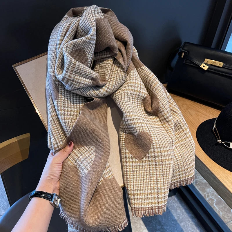 2024 New Double Side Cashmere Scarf Winter Women's Love Heart Plaid Ladies Long Thickened Warm Knitted Scarf Hijab Stole