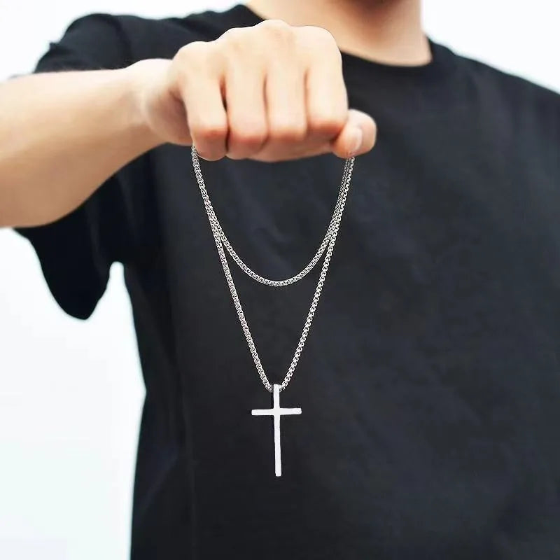 New Stainless Steel Cross Pendant Necklace for Men Women Minimalist Jewelry Male Female Necklaces Silver Color Sweater Chain