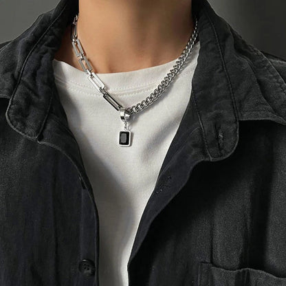 Creative Hip-hop Tide Brand Simple Black Square Earrings Pendant Necklace Men's Dual-use Design Stainless Steel Stitch Necklace