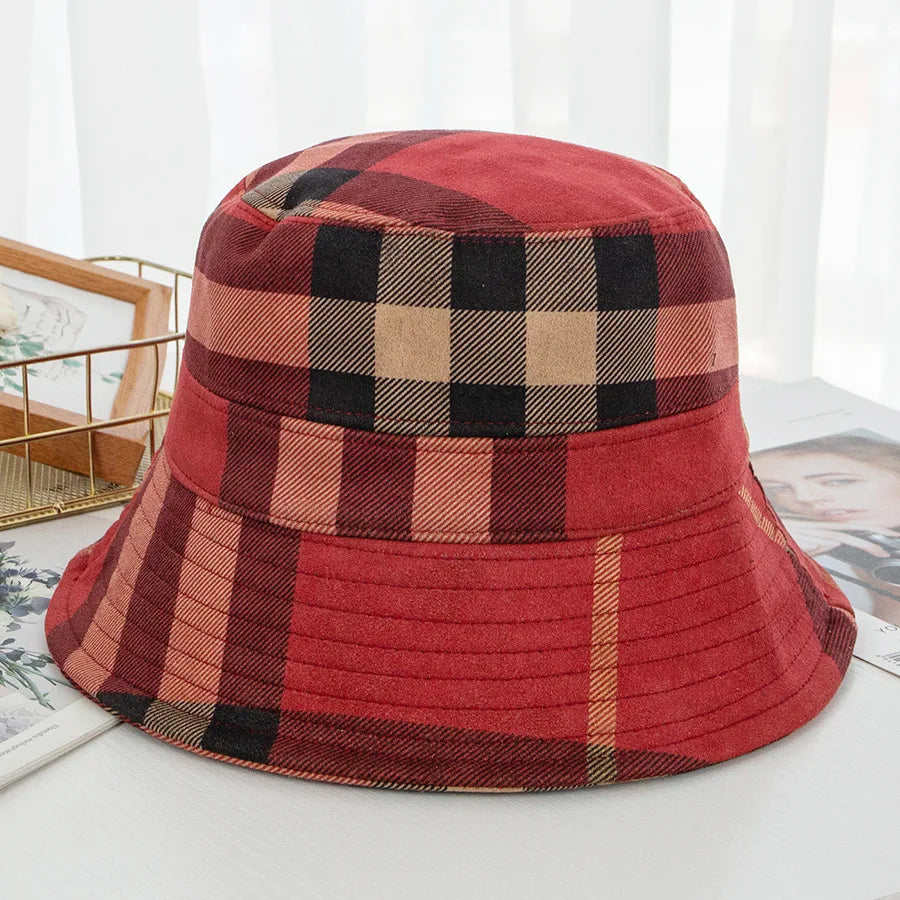 Plaid Colourful Fisherman's Hat Women Korean Suede Basin Hat Casual Foldable Warm Hat Fashionable Soft 56-58cm