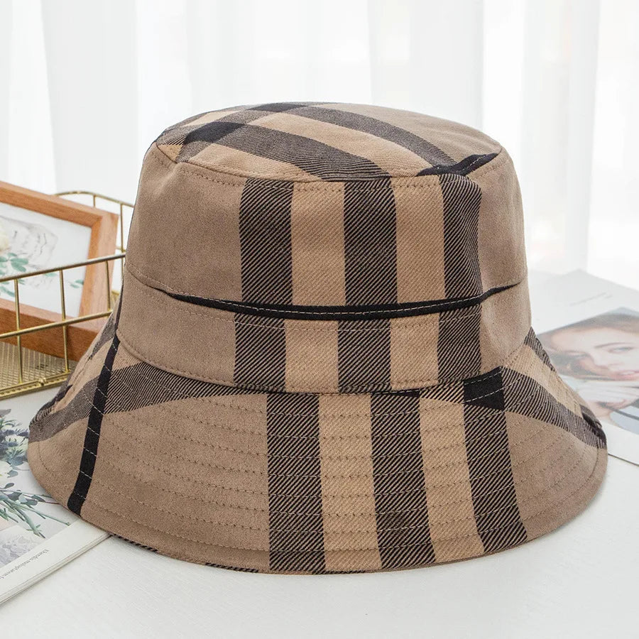 Plaid Colourful Fisherman's Hat Women Korean Suede Basin Hat Casual Foldable Warm Hat Fashionable Soft 56-58cm