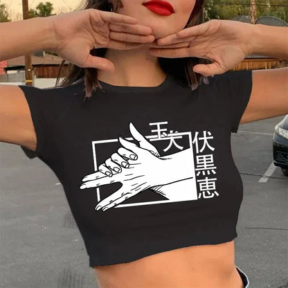 90S Hip Hop Crop Top  Tshirt Manga Japanese Anime Jujutsu Kaisen T Shirt Gojo Satoru Tops Yuji Itadori Cropped Tees T-shirt