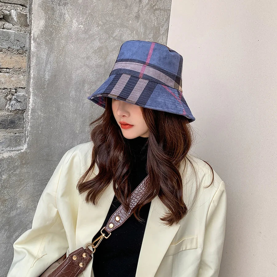 Plaid Colourful Fisherman's Hat Women Korean Suede Basin Hat Casual Foldable Warm Hat Fashionable Soft 56-58cm